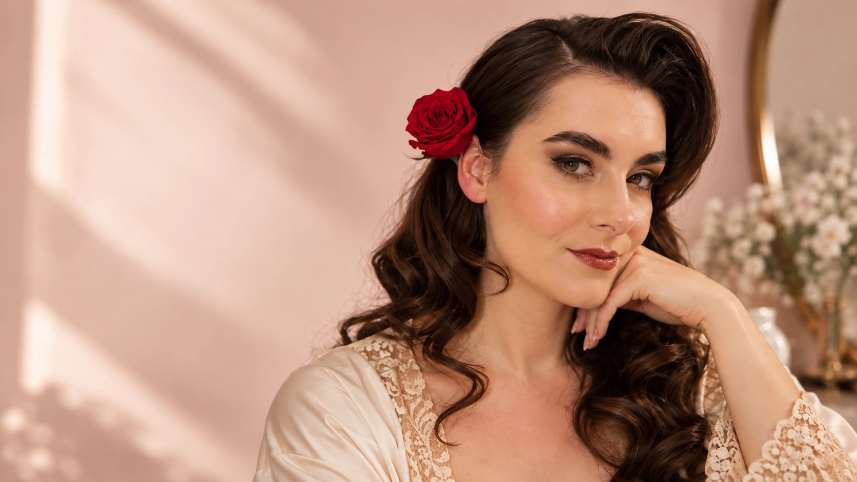 Retrato con maquillaje luminoso, cabello ondulado y rosa roja